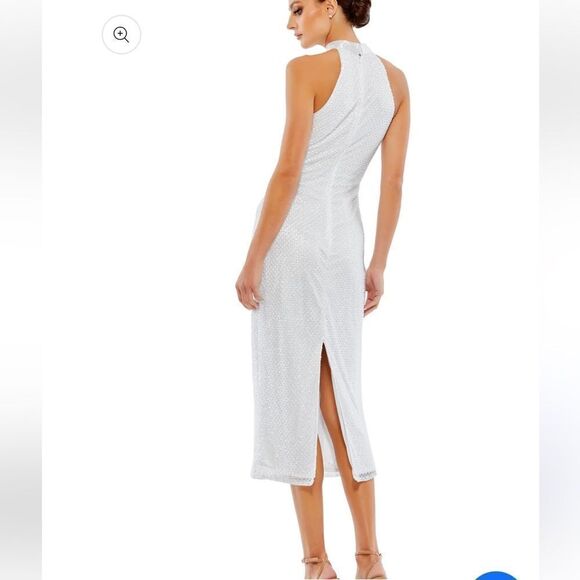 NWT Mac Duggal White Hand Embellished Halter Neck Midi Sheath Dress beaded Sz 8 - Picture 3 of 12